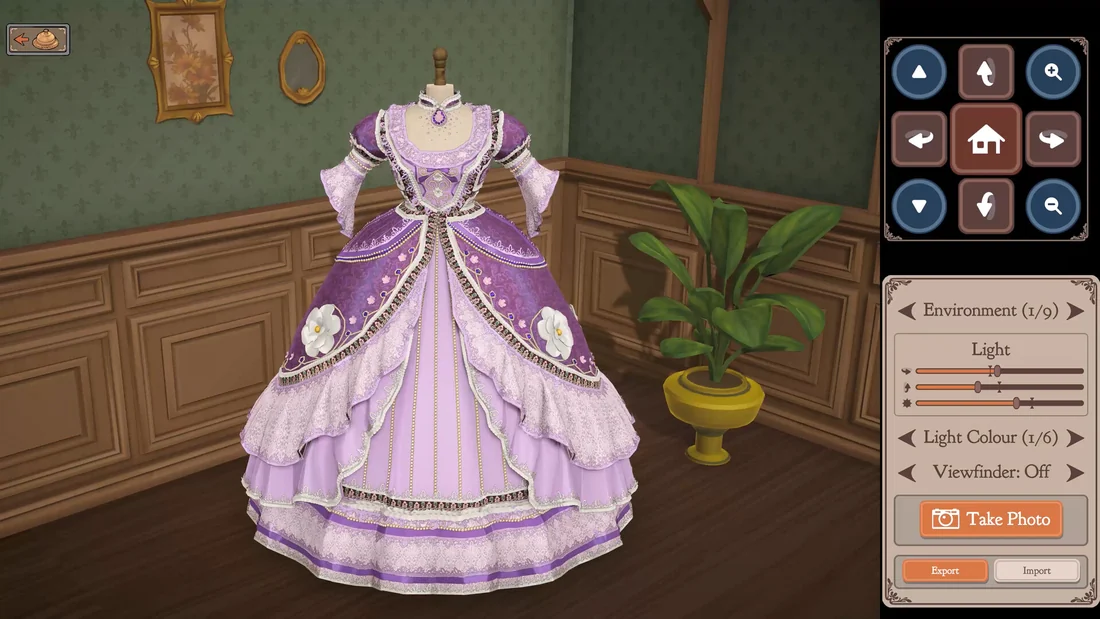 A purple floral gown with lace tiers displayed on a mannequin in photo mode