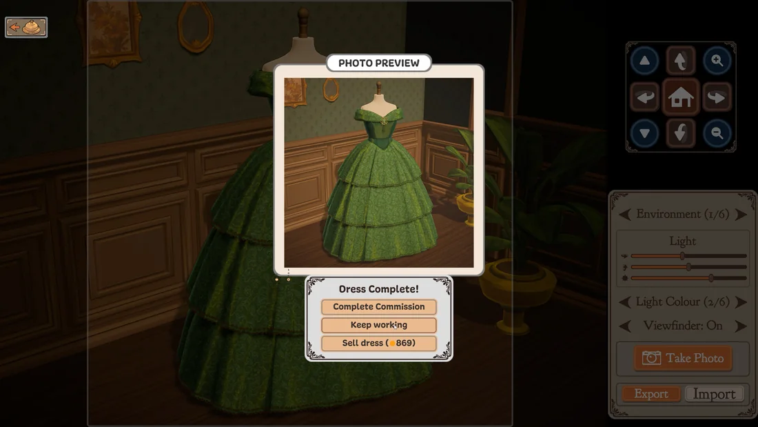 A green off-the-shoulder dress on a mannequin with the commission completion options